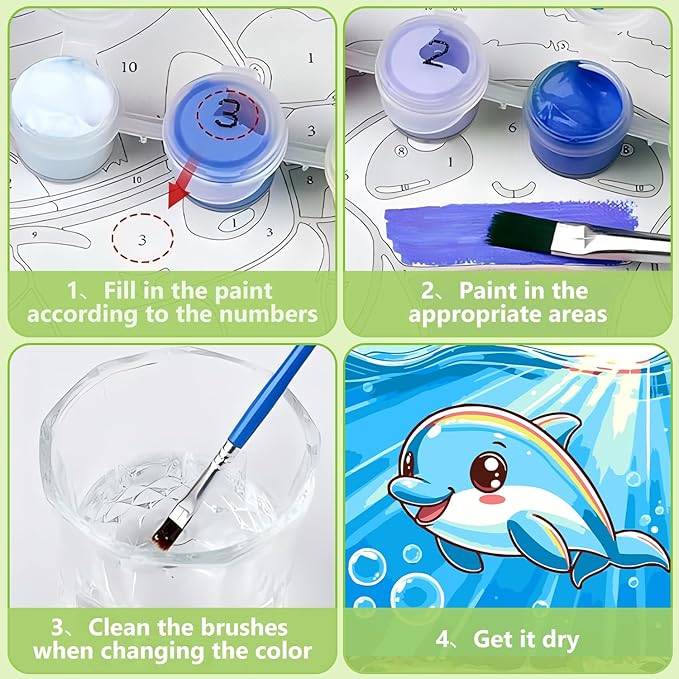 Reivworl Paint by Numbers Kit for Kids with Frame and Easel, Dolphin Paint by Number for Kids Age 6-8-12, Acrylic Paint by Numbers for Gifts and Home Decor (8X8inch)