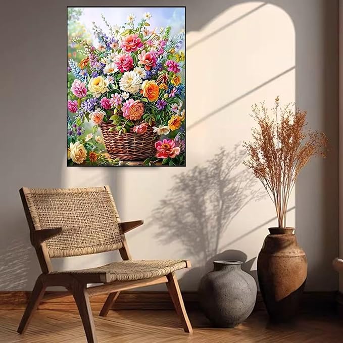 GEMFAMILY Flowers Diamond Art Kits for Adults,Floral Basket Diamond Painting Kits for Beginners,DIY Full Round Drill Diamond Dots Gem Art Crafts Kits for Home Decor 12 x 16 inch