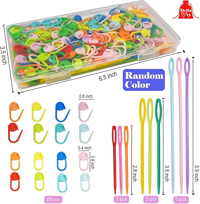 DeliaVo 200Pcs Knitting Stitch Markers with 9 Yarn Needles, Stitch Marker for Crocheting, Colorful Locking Pins Clip Crochet Supplies & Accessories