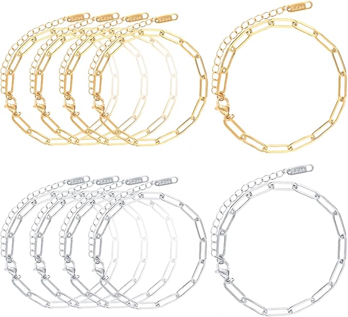 wisreach 10 pcs charm bracelet kit 18k gold plated paperclip chain — 6.3 inch adjustable stainless steel charm bracelets with lobster clasps for diy jewelry making (gold & silver)