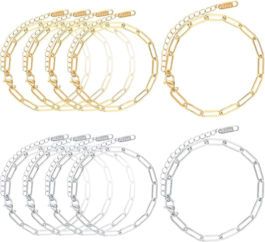 wisreach 10 pcs charm bracelet kit 18k gold plated paperclip chain — 6.3 inch adjustable stainless steel charm bracelets with lobster clasps for diy jewelry making (gold & silver)