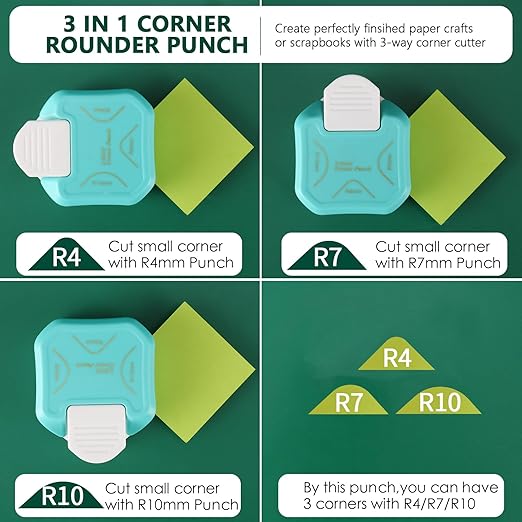 3 in 1 Corner Rounder Punch, 4mm, 7mm, 10mm, 3 Way Corner Cutter Rounder for Paper Crafts, Flash Cards, DIY Projects, Junk Journals, Photo Album, Business Cards, and Scrapbooking