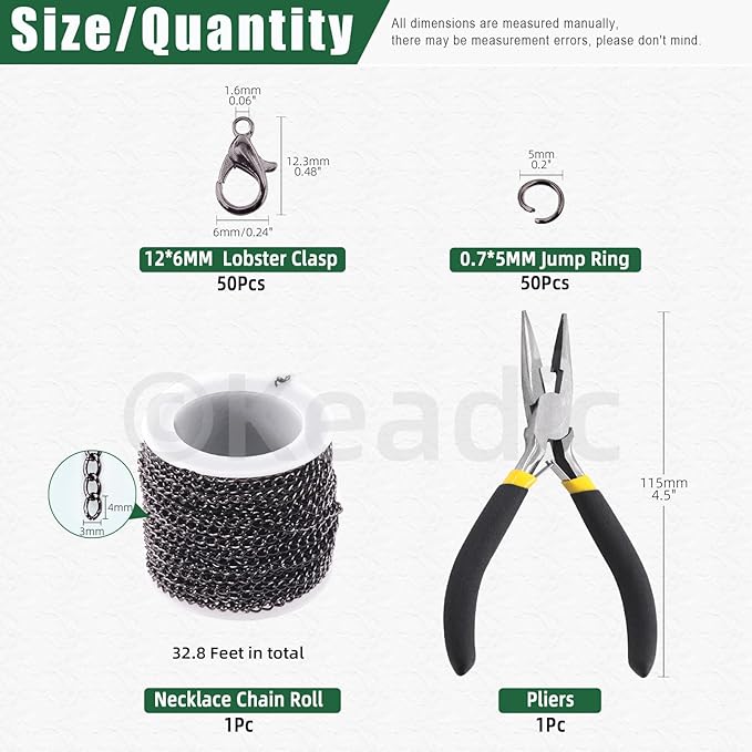 Keadic 102Pcs 30 Feet Jewelry Making Chains Kit W 3mm Metal Necklace Twisted Links Chain, Lobster Clasps, Open Jump Rings and Jewelry Pliers for Bracelet Earring Anklet DIY (Gun-Metal)