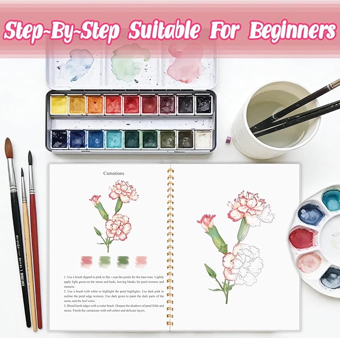 3Pcs Watercolor Workbook - Coloring Book for Beginner, Coloring Books for Adults with Step by Step,3 Essential Adult Coloring Book Themes, Exploration Gift for Adults Teens