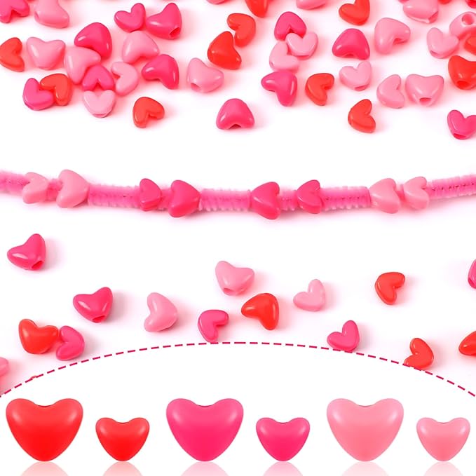 UPINS 1200Pcs Valentine's Day Pink Red Heart Plastic Pony Beads for Jewelry Making Valentine's Party Decoration Necklace Bracelets Earrings Hair Beads DIY Crafts Supplies (600 Large and 600 Medium)