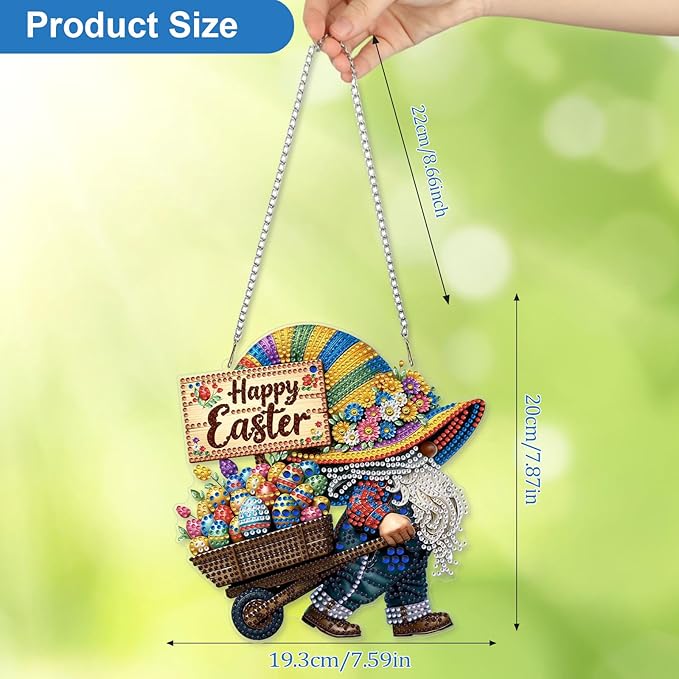 CEOVR Easter Diamond Painting Pendant, Easter Egg Gnome Hanging Diamond Art for Adults DIY Gem Art Wall Hanging Ornament, Acrylic Home Garden Decor with Chain, Box Kit 7.59×7.87inch