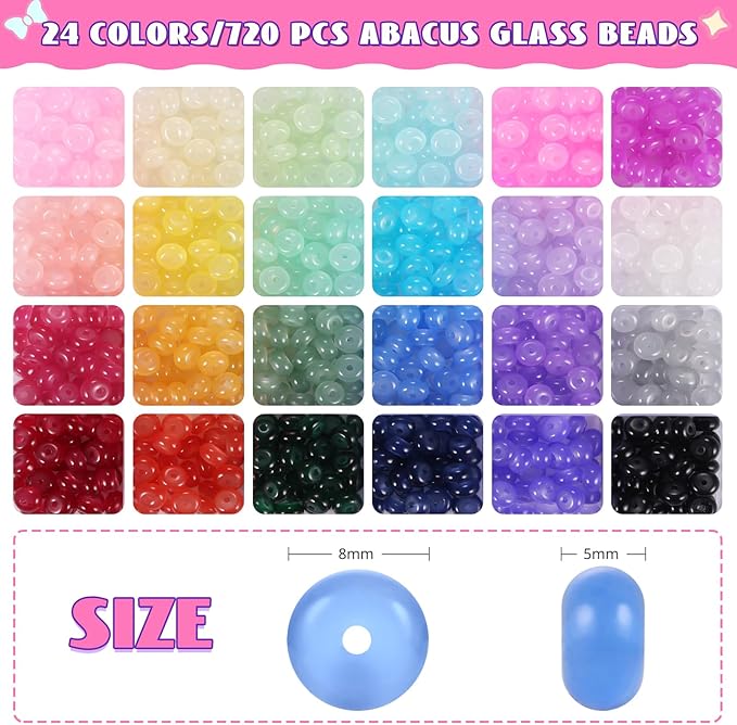 720pcs Abacus Glass Beads for Bracelet, Crystal Beads for Jewelry Making, 24 Colors Gemstone Rondelle Beads Spacer Bead for Bracelet Necklace DIY Crafts Jewelry Making, 5x8mm