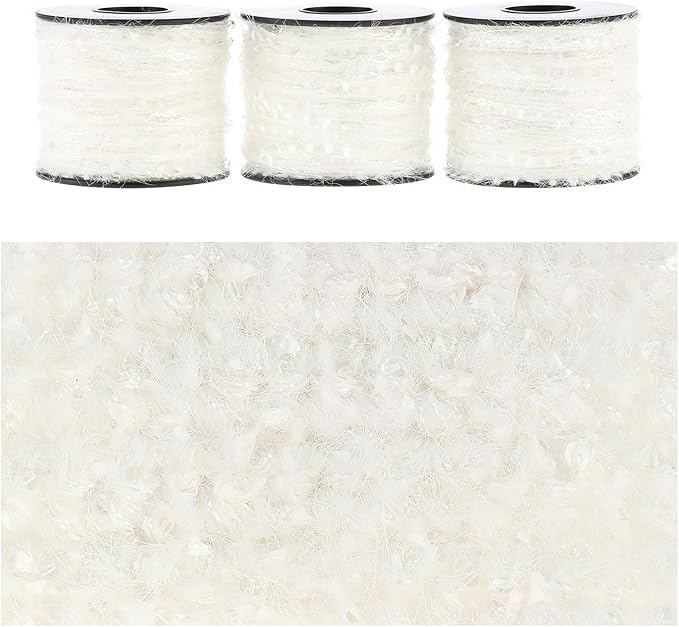 Artisanal Yarn Collection Multifiber Fancy Yarn for Knitting Crocheting Crafts DIY, Set of 3 Rolls (White with Transparent Beads)