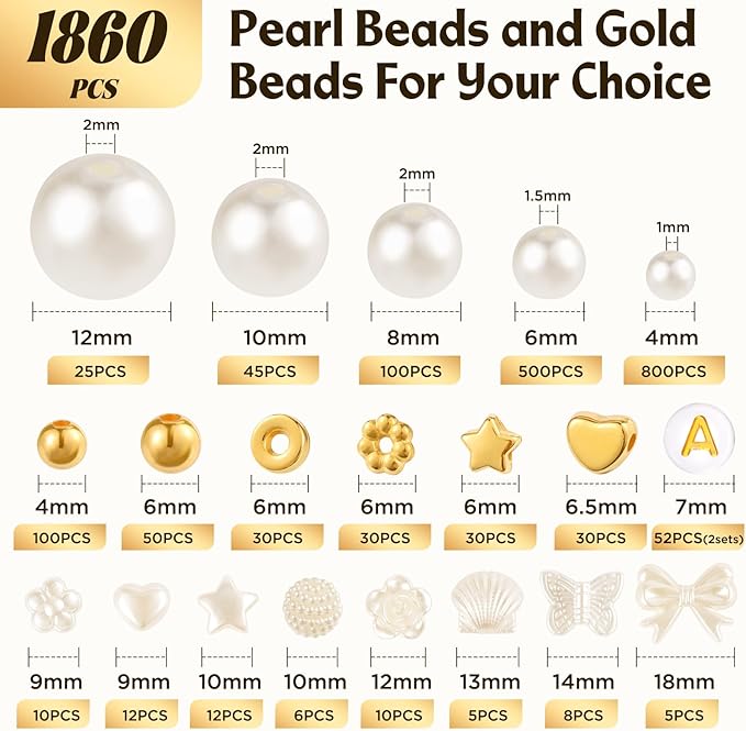1860pcs Pearl Beads for Jewelry Making, 5 Sizes Round Pearls Bracelet Making Kit, Pearl Beads with Gold Spacer Bead Letter Star Heart Bow Bead for Necklaces Earrings DIY Crafts