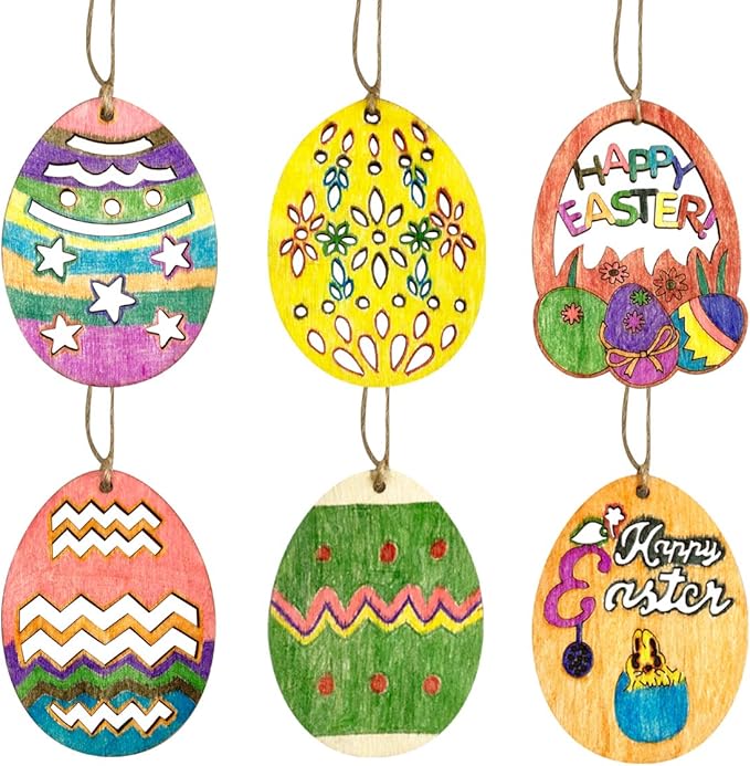 Anditoy 30 PCS Easter Wooden Hanging Ornaments Unfinished Wood Slices Eggs Easter Crafts for Kids DIY Decorations Party Supplies
