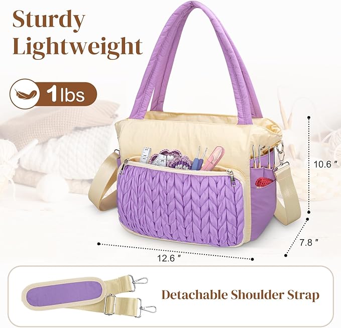 DALINDA Crochet Bag Organizer,Yarn Bag and Tote- Yarn Storage with Multiple Pockets for Crochet Supplies, Knitting Bag for gifts,Portable & Durable(Brown)