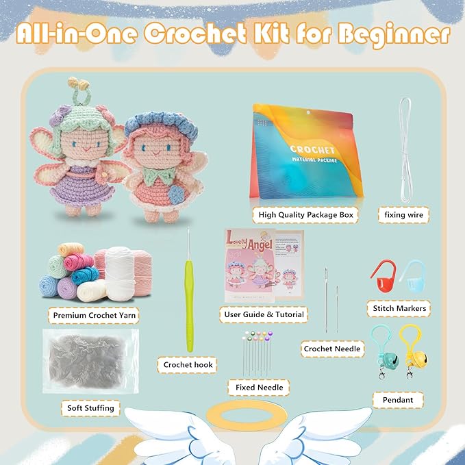 Crochet Kit for Beginners, Crochet Starter Kit with Step-by-Step Video Tutorials, Easy Beginner Crochet Kit for Adults, Crochet Animals Crafts Crochet Kits, Easy Knitting Kit. (Cute Angel 2 Pick)