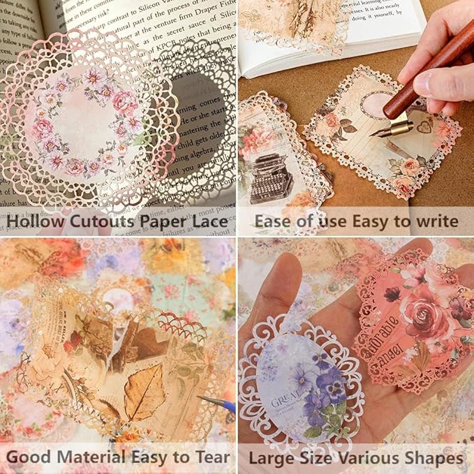 Antique Cutouts Lace Edge Scrapbook Paper, 60Pcs Decorative Floral Backround Paper for Scrapbooking, Journaling, Collage, Card Making, Junk Journal Supplies, Album Art Crafts