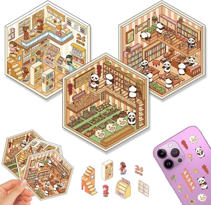 Scrapbooking Supplies Kit,DIY 3D Stickers Scene,3 Set Funny DIY Sticker Scenes,Make Your Own Cute 3D Miniature Room Scene Stickers for Adults Relief Stress Pass The Time.10-11-12