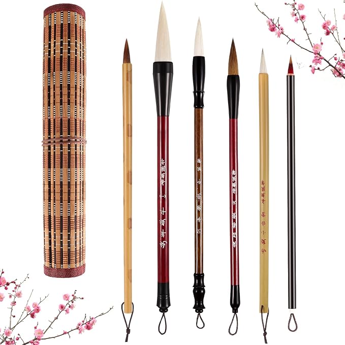 6 Pieces Chinese Calligraphy Brushes Painting Writing Calligraphy Brushes Watercolor Brushes Set Kanji Japanese Sumi Painting Drawing Brushes Kanji Art Brushes with Roll-up Brush Holder