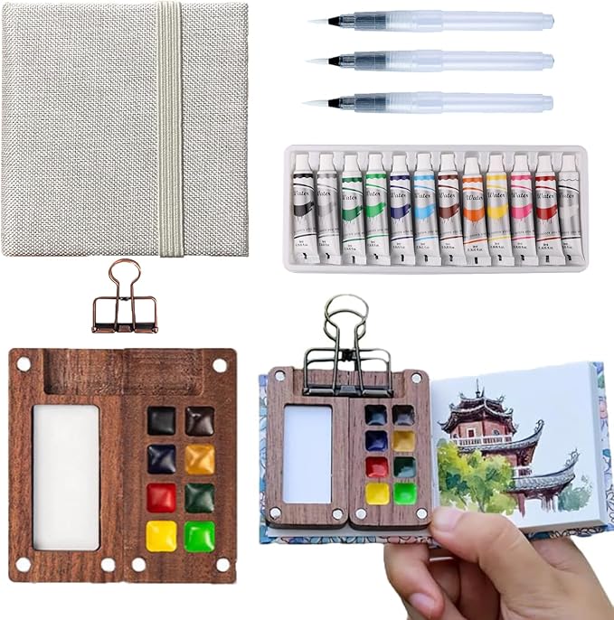 Aimery Mini Watercolor Paint Travel Set, Portable Small Miniature Pocket Water Color Painting Kit with Wooden Palette & Sketchbook(Grey)