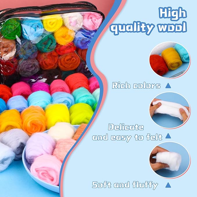 SOCNITC 70 Colors Needle Felting Kit, Wool Felting Kit for Beginner, Felting Needles Wool Roving Needle Felting Supplies with Needle Felting Tools for DIY Animals Handmade Crafts Decoration