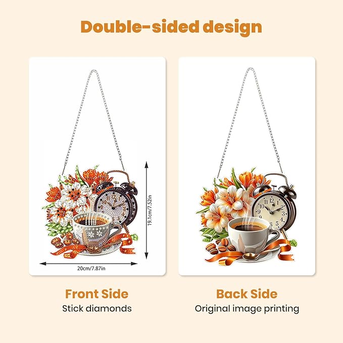 MXJSUA Flowers Coffee Clock Diamond Painting Art Window Suncatchers, Diamond Art Kits for Adults Hanging Ornaments with Chain, 5D Special Shape Crystal Diamond Pendant Accessories for Decor Gift
