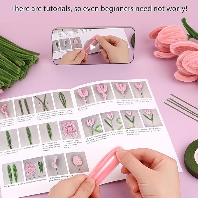 HUEYTON Tulip Pipe Cleaners DIY Kit - 260Pcs Assorted Color Chenille Stems for Delicate & Vivid DIY Tulip Bouquets, Include Floral Accessories, Ideal for Crafters, Home Decor & Handmade Gifts