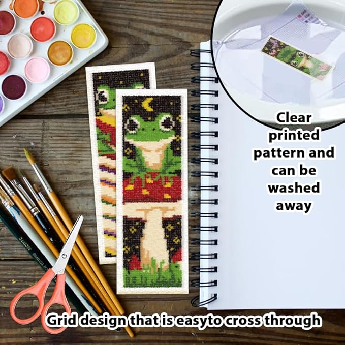 ORIGACH 6 Set Frog Cross Stitch Bookmark Kit for Beginner with Backing Felt Floss Instructions DIY Stamped Embroidery Bookmark Kit for Adults, Book Lovers