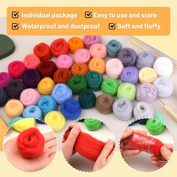 SOCNITC 45 Colors Needle Felting Kits for Beginners, Needle Felting Supplies with Tools, Felt Starter Kits with Needles, Storage Bag for DIY Handcrafts Decoration