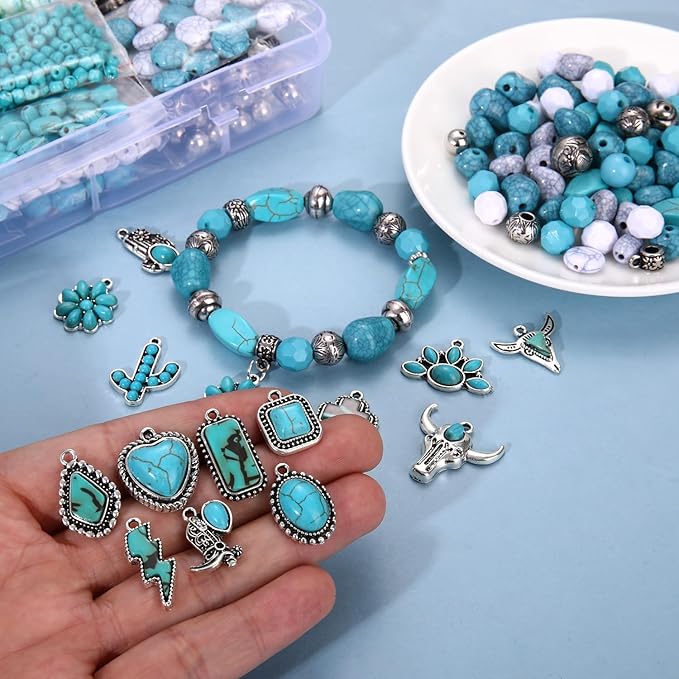 NVENF 1800PCS+ Western Beads Charms for Jewelry Making Turquoise Clay Heishi Beads Vintage Cactus Flower Lightning Boot Cow-head Charms for Western Bracelet Making DIY Crafts (Turquoise 1)
