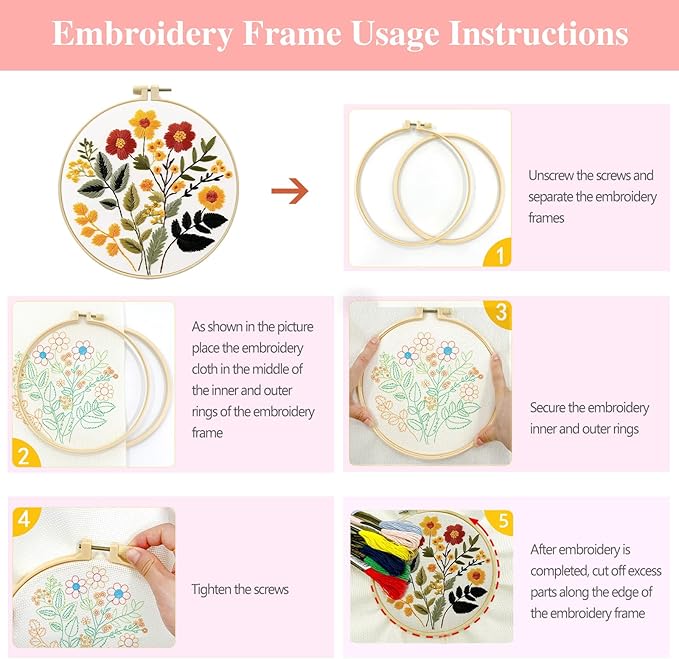 Zhenqing Floral Embroidery Kit for Beginners - Complete Set with Pre-Printed 29x29cm Cotton Fabric, Hoop, Threads & Tools (C0126)