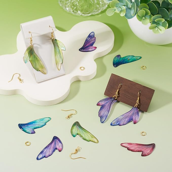 FASHEWELRY 16Pcs Resin Butterfly Wing Charms Colorful Feather Earring Charms Transparent Insect Wings Pendants with Jump Rings Earrings Hooks for DIY Earring Jewelry Making Kits