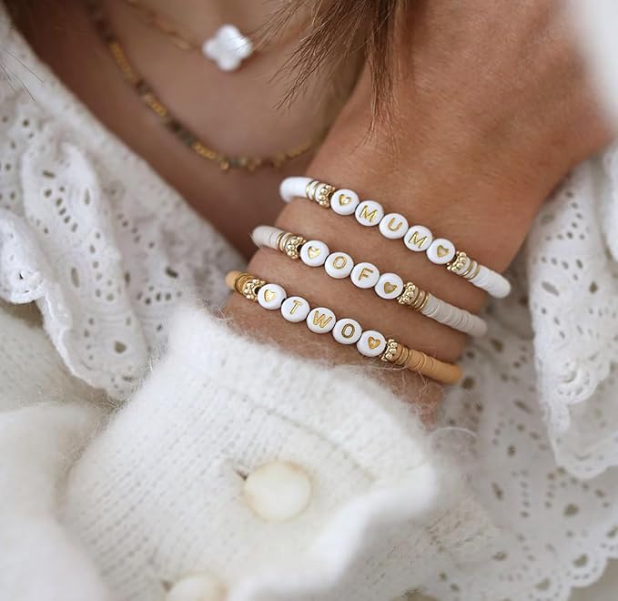 Acrylic Letter Beads Alphabet Gold Letters White Round Bead, 4×7mm 1200pcs, for Friendship Bracelet Jewelry Making Kit