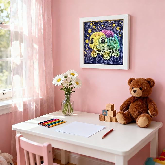 PERFECTSIGHT Cute 5D Diamond Art Kits with Wooden Frame, Kawaii DIY Painting Art for Adults, Diamond Arts and Crafts Sets, Big Gem Full Drill Diamond Dots for Women Beginners (Tortoise)