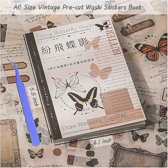 40 Sheets A6 Vintage Washi Stickers Book for Adults, Retro Butterfly Stickers with Self-Adhesive Collage Papers Ephemera for Junk Journaling Supplies, Scrapbooking, Crafts Arts