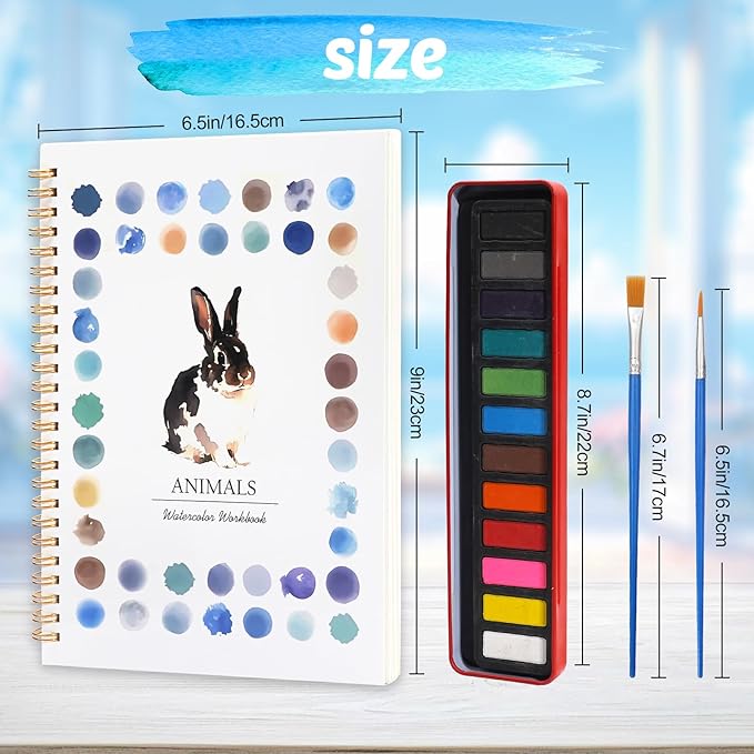Watercolor Workbook for Beginners, Watercolor Coloring Books for Adults, Easy Water Coloring Book, Animal Water Color Paint Set Painting Kit with 1 Spiral Sketchbook, 12 Colors, 2 Brushes, 1 Bucket