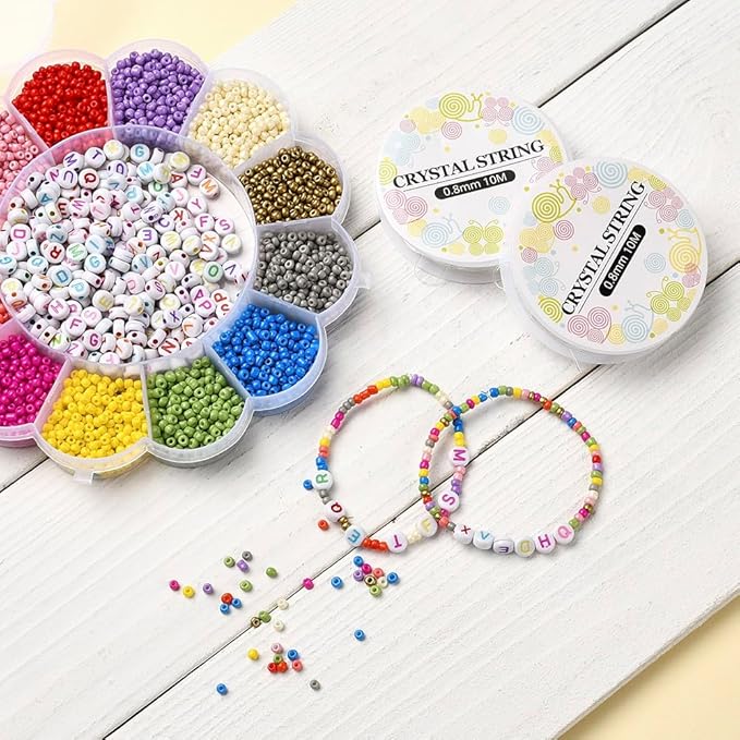 3370 Pcs 3mm Glass Seed Beads Bracelet Making Kit, Small Beads Friendship Jewelry Craft Kit with Letter Beads & Elastic Cord, DIY Art Craft Gift for Girls