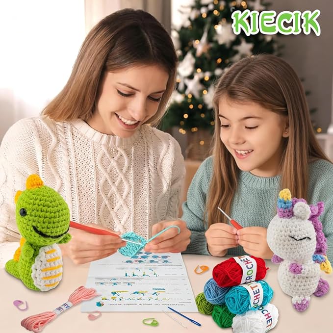KIECIK 6Pcs Crochet Kit for Beginners, Knitting Kit for Adults, Crochet Animal Kits with Step by Step Videos Tutorials, Knitting Kit Great Birthday Holiday Gift, DIY Keychain Pendants (Set-01)