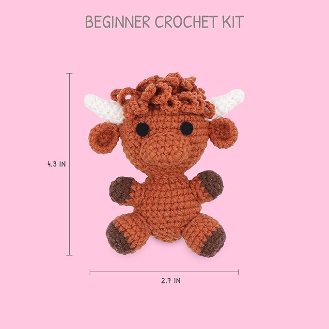 HOUSE CREATIVITY Beginner Crochet Kit for Adults, Beginners Crocheting Knitting Kit with Yarn Sets, Step-by-Step Video Tutorials,Animal Craft Kit, Holiday Birthday Gifts(Cows)