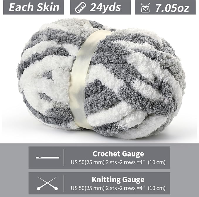 10 Pack Jumbo Chunky Yarn for Hand Knitting, Fluffy Chunky Chenille Yarn for Crocheting, Variegated Chunky Knit Baby Blanket Yarn, 240 yds /70.5 oz Super Bulky Yarn（White- Grey）
