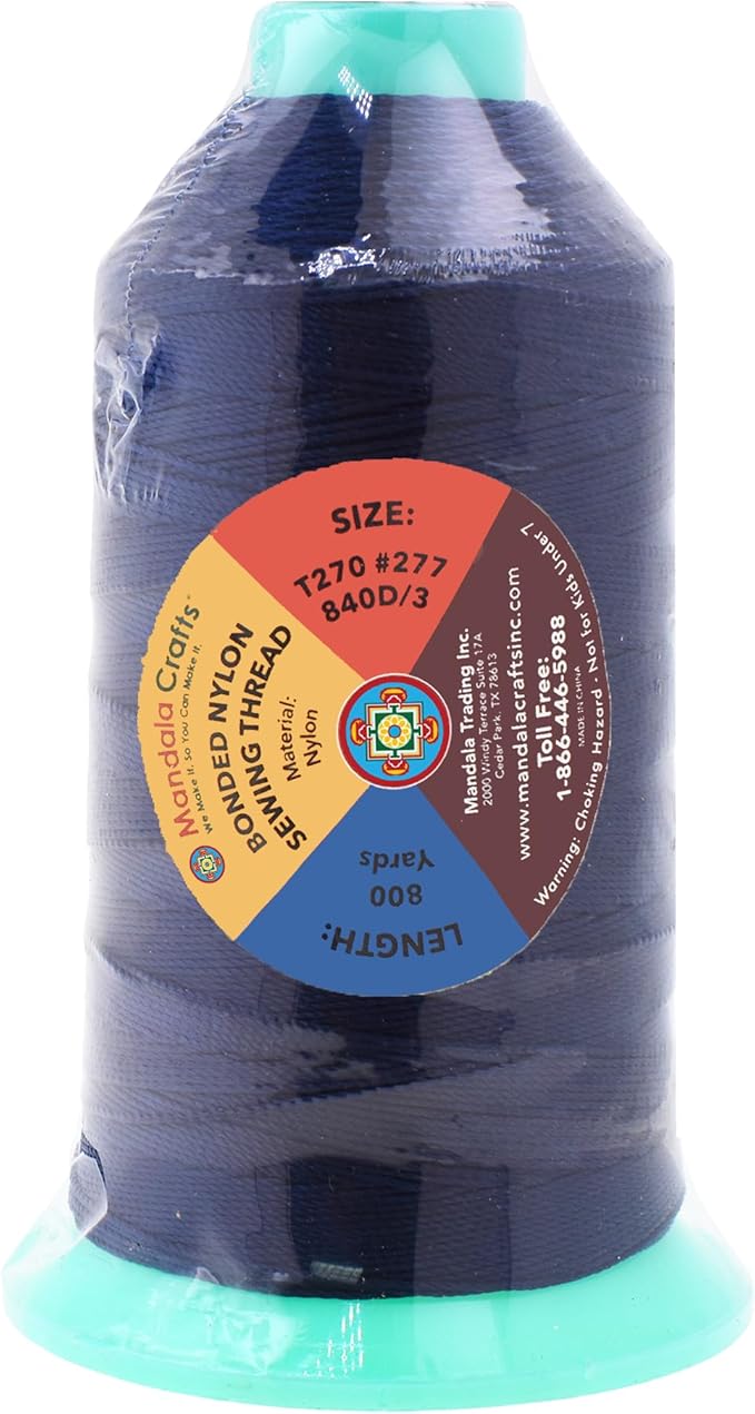 Mandala Crafts Size 277 840D T270 Bonded Nylon Thread - Dark Blue 800 YDs Tex 270 Heavy Duty Sewing Threads for Leather, Jeans, Weaving, Outdoor Marine Upholstery