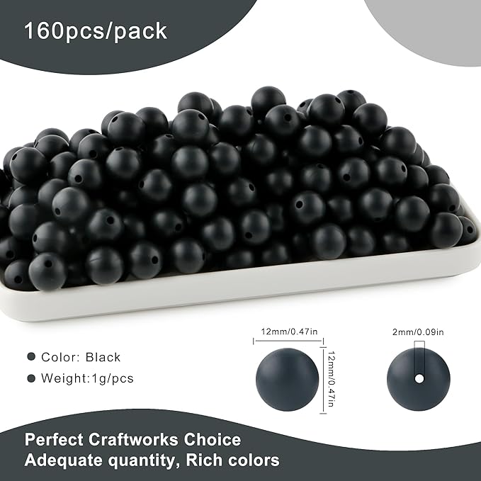 160Pcs 12mm Silicone Beads for Keychain Making Bracelet Necklace, Bulk Round Silicone Beads for Pens（Black）