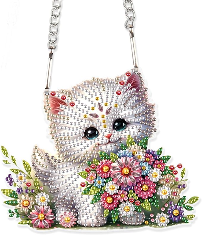 Tontut 5D DIY Diamond Art Painting Pendant kit, Flower cat Special-Shaped Hanging Crystal Window Pendant kit, Adult Gift Home Curtains, Yard Entrance Decoration