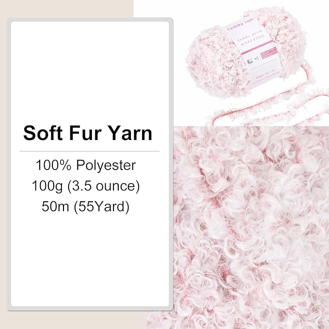 MECCANIXITY Eyelash Yarn Fur Soft Fluffy Chunky Polyester Yarn Fuzzy Pale Pink for Crocheting Knit DIY Clothes Bag - 55Yard/50m, 3.53oz