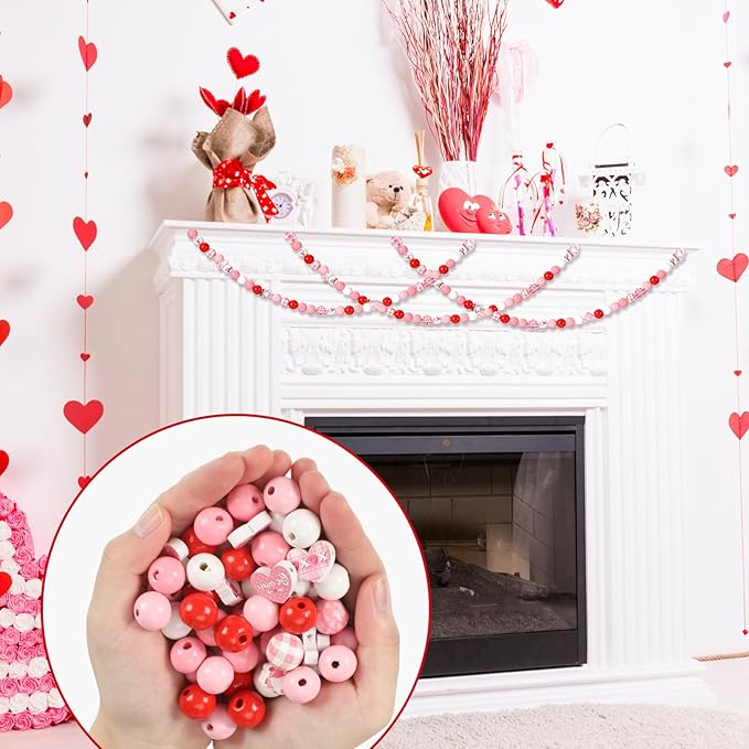 Waydress 200 Pcs Valentines Day Wooden Beads Hearts Beads Pink Red Farmhouse Beads Colorful Round Wooden Beads Natural Loose Beads for DIY Crafts Garland Wedding Home Decor