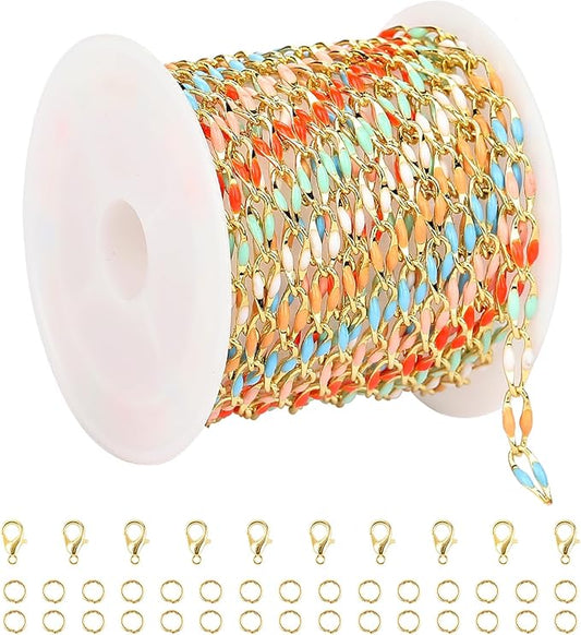 YOUBEIYEE 2 Meters Colorful Enamel Chains Bulk Gold Plated Brass Chain for Jewelry Making Supplies