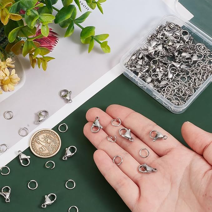 PH PandaHall 60pcs 15mm 304 Stainless Steel Lobster Claw Clasps with 120 pcs 6mm Jump Rings Jewelry Closure Fastener Hook for Earring Bracelet Necklace Pendants DIY Craft Making, Stainless Steel Color