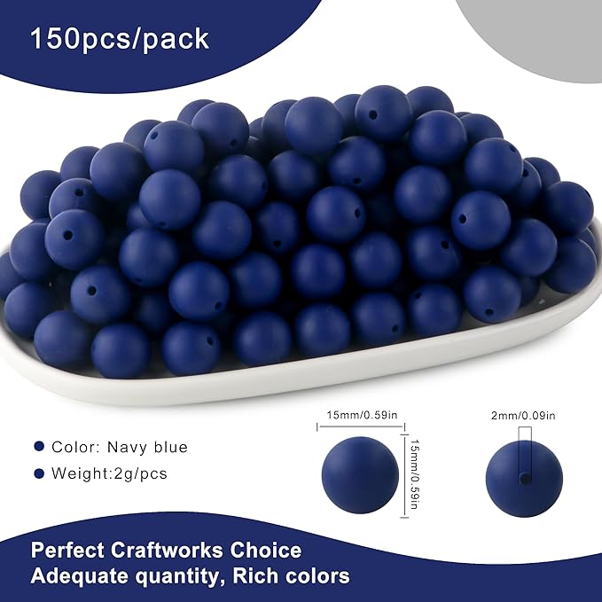 150Pcs 15mm Silicone Beads for Keychain Making Bracelet Necklace, Bulk Round Silicone Beads for Pens(Navy Blue)