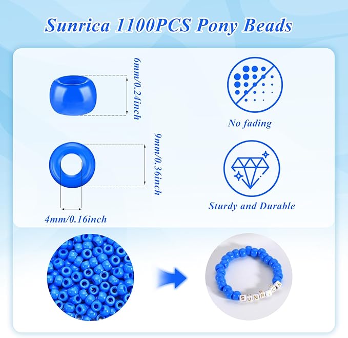 sunrica 1100pcs dark blue pony beads 6x9mm large hole plastic beads for kandi, hair braids, necklaces, friendship bracelets