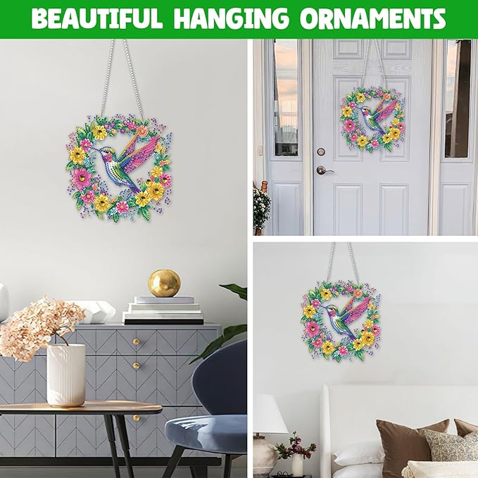 NAIMOER Diamond Art Hanging Kits for Adults Hummingbird Flower 5D Special Shaped Rhinestone, DIY Acrylic Diamond Art Painting Window Pendants Home Garden Wall Hanging Ornament Kits, Double Sided