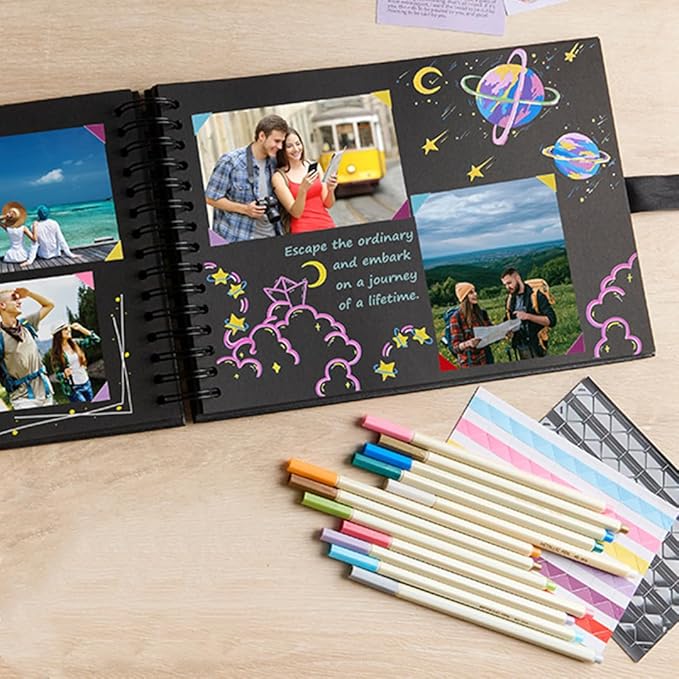 80 Pages Scrapbook Album with 12 Metallic Markers, 11.5 x 8.5 Inches Black Paper Photo Album for Wedding Anniversary, Family DIY Scrapbook Accessories