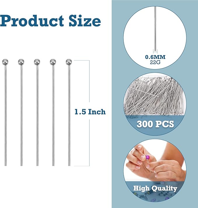 Mandala Crafts 1.5 Inch Stainless Steel Ball Head Pins for Jewelry Making Earring Making Supplies - 300 Jewelry Findings for Making Earrings DIY Bracelets Rosary Charms