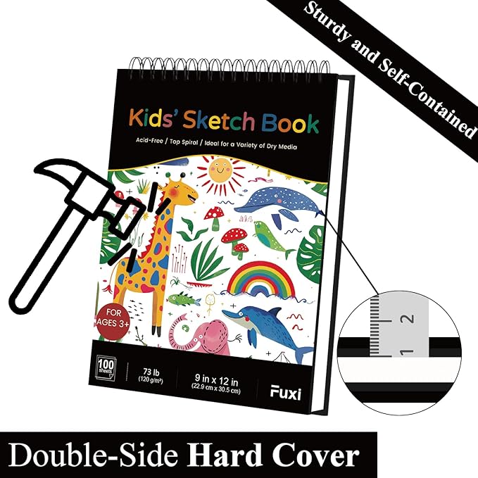 sketch book for kids, 9" x 12" kid sketchbook, 100 sheets (73lb/120gsm) drawing paper for kids, spiral sketch pad for kid, christmas gifts for grandkids.