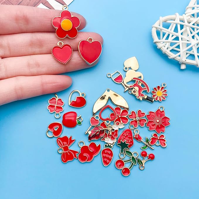 Youdiyla 60pcs Alloy enamel red series fixed set Pendant Jewelry Making DIY Keychain Earrings Pendant Various Design Charms for Jewelry Making Bracelets Necklace (HK551)